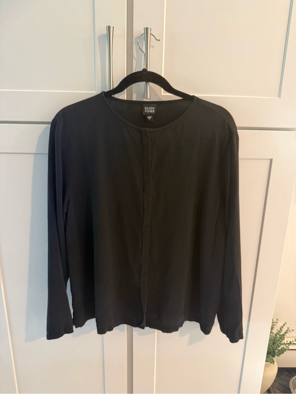Eileen Fisher Black Long-Sleeve Crew-Neck Top 100% silk large